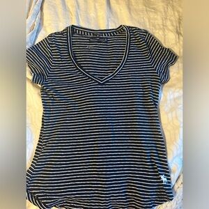 Navy and White Striped Abercrombie & Fitch V-Neck T-Shirt